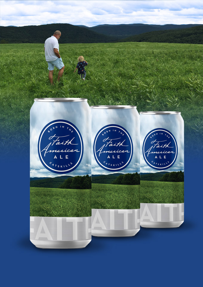 Kelsey Grammer in field with daughter and cans of Faith American Ale superimposed over field