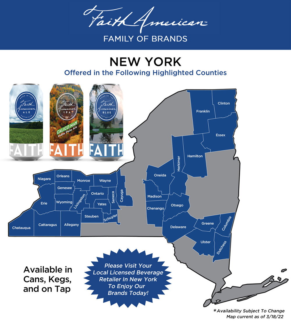 Map showing where Faith American Brewing Company Brands can be found in New York